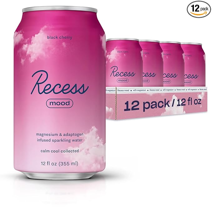 Recess Mood Magnesium & Adaptogen Drink, Relaxation Beverage, 12 Ounce (Black Cherry, 12 Pack)