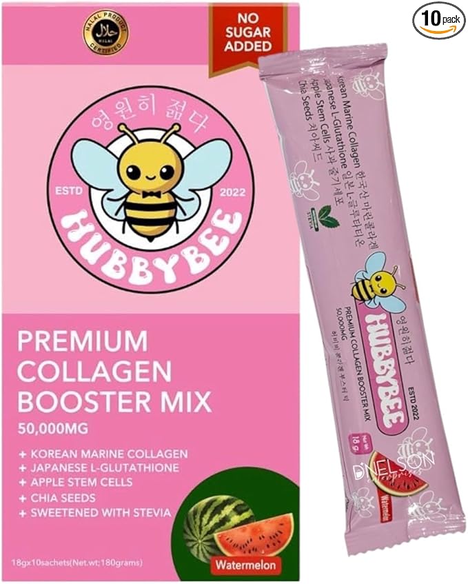 Hubby Bee Premium Collagen Booster Mix - 50,000 MG Korean Hydrolyzed Marine Collagen with Japanese L-Glutathione & Apple Stem Cells - 10 Sachets (18g Each) (180g, Watermelon)