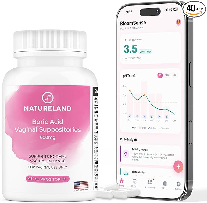 Natureland Boric Acid Vaginal Suppositories for Women 600mg - 40 Count - Made in USA - Feminine Care for pH Balance & Odor Control - Intimate Health Support - with BloomSense App