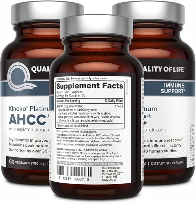 Quality of Life AHCC Kinoko Platinum 750 mg – Premium Immune Support Supplement, Pack of 3-60 Count Bottles