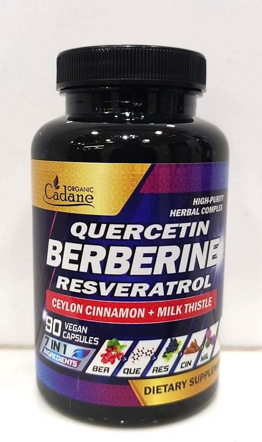 Organic Cadane 7in1 Pure Berberine Supplement with Quercetin, Ceylon Cinnamon, Resveratrol, Milk Thistle, Grape Seed, and Black Pepper - 90 Capsules for 3-Month Supply - Immunity Health Support