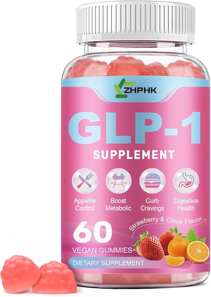 ZHPHK GLP-1 Support Gummies, Sugar-Free with Berberine, Cinnamon, Turmeric, Raspberry Ketone, Resveratrol, Appetite & Craving Control, Metabolism Digestion & Gut, No Stomach, 60 Count