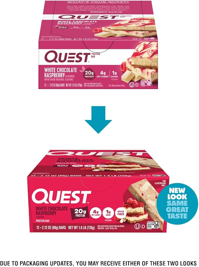 Quest Nutrition White Chocolate Raspberry Protein Bars, 20g Protein, 1g Sugar, 5g Net Carb, High Fiber, Gluten Free, Keto Friendly, 12 Count