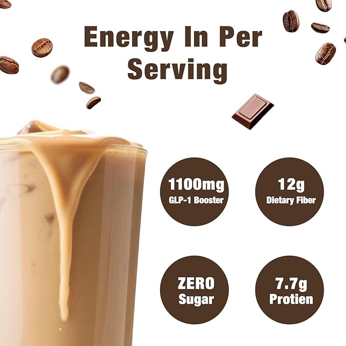 GLP-1 Supplement Shake & Meal Replacement Powder - with 12g Fiber to Promote Fullness, Supports Gut Health, Metabolism & Natural GLP-1 Booster, Sugar Free, Chocolate Coffee Flavor,10.58 OZ