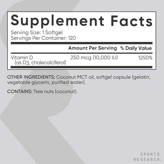 Sports Research® Vitamin D3 10,000iu (250mcg) with Coconut MCT Oil - Max Strength Vitamin D Supplement - Gluten Free · Non-GMO · Soy Free - 120 Count Softgels