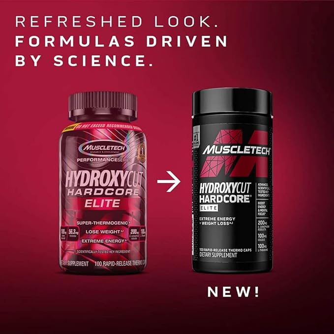 Hydroxycut Hardcore Elite - 100 Rapid-Release Thermo Caps - Energy & Focus - for Men & Women - 50 Servings (Pack of 2)