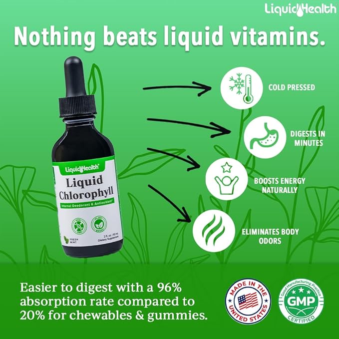 LIQUIDHEALTH Liquid Chlorophyll Drops - Internal Deodorizer, Liver Detox, Immune Support, Promote Collagen for Hair & Skin, Stop Bad Breath, Reduce Appetite - Made in the USA, Vegan, Non-GMO (2 oz)