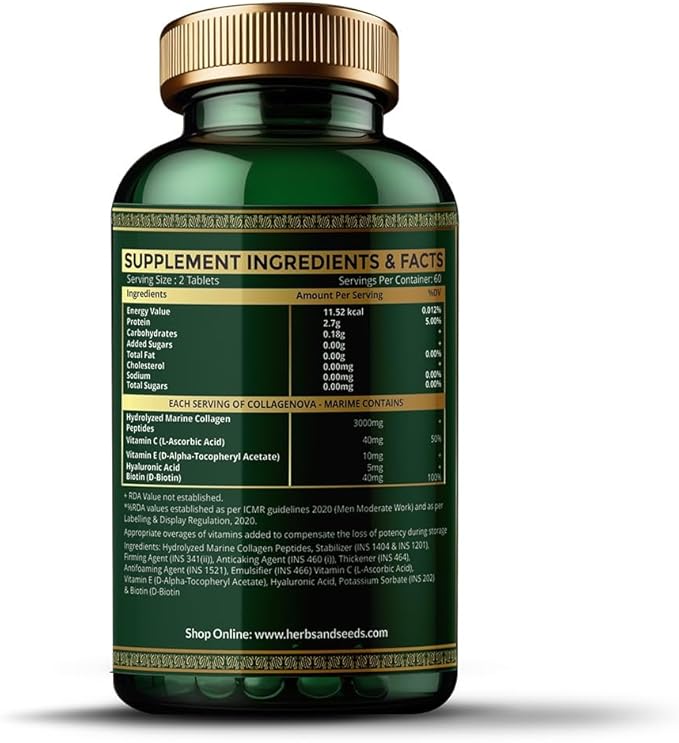 Herbs & Seeds Marine Collagen Pills for Women & Men, 120 Capsules | Type I, II, III, V, X - Hydrolyzed Collagen Peptides with Biotin, Hyaluronic Acid & Vitamin C,E Skin, Hair, Nail & Joint Support