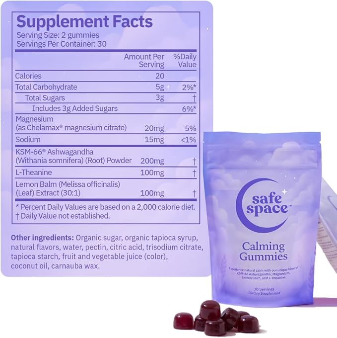 Safe Space Calming Gummies – Stress Relief with Ashwagandha, L-Theanine, Magnesium & Lemon Balm – Relaxation & Sleep Support – from ASMR – Vegan (60 Count)