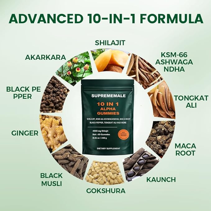 SupremeMale 10 in 1 Alpha Gummies, Alpha Shilajit Gummies for Men, Supports Daily Energy, 60 Count(1 PC)