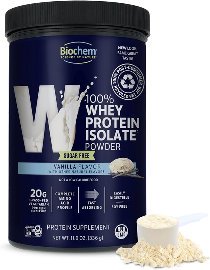 Biochem 100% Whey Sugar-Free Vanilla 20g, 11.8oz, Certified Vegetarian, Gluten Free, Non-GMO Tested, Keto Friendly, Grass-Fed