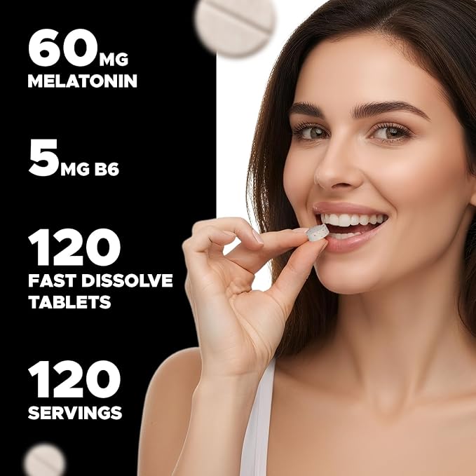 Melatonin 60 mg with Vitamin B6 – 120 Fast Dissolve Tablets Extra-Strength Sleep Support – Drug-Free – Natural Citrus Flavor – Vegetarian, Non-GMO, Gluten-Free