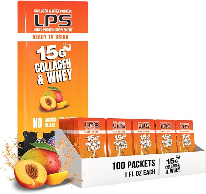 Nutritional Designs LPS Liquid Collagen & Whey Protein Supplement - Non-GMO Drink, Sugar-Free - Promotes Healthy Skin & Hair for Men & Women, Peach Mango, Single Serve (100 Packets)