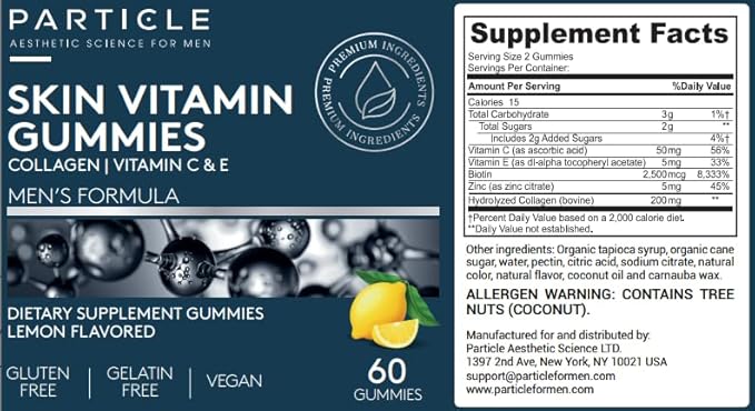 Particle Skin Vitamin Gummies, Gluten Free Daily Supplement for Healthy Skin Support, Men's Supplement Made with Vitamin C, Collagen, Biotin & Zinc, Lemon Flavor, 60 Gummies, 1 Month Supply