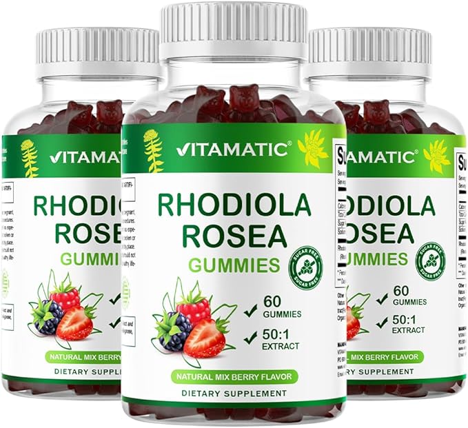 Vitamatic Rhodiola Rosea Gummies – Sugar-Free Plant-Based Extract – Mixed Berry Flavor – Vegan, Non-GMO – Adaptogen Supplement Gummies – 60 Count