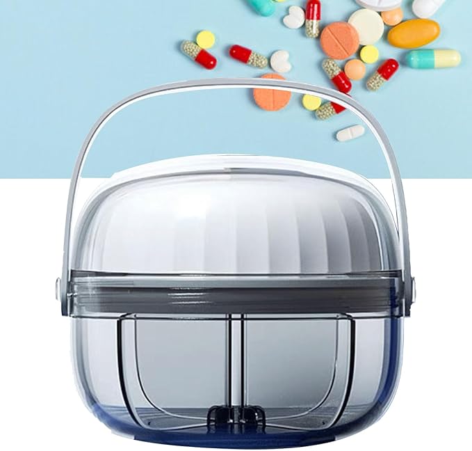 Portable Pill Dispensing Bottle with 4 Compartments Vitamin Organizer Holds Large Numbers of Supplements, Features Mix Proof and Wide Opening Design for Easy Medication Access (Gray 6.2x5.3cm)