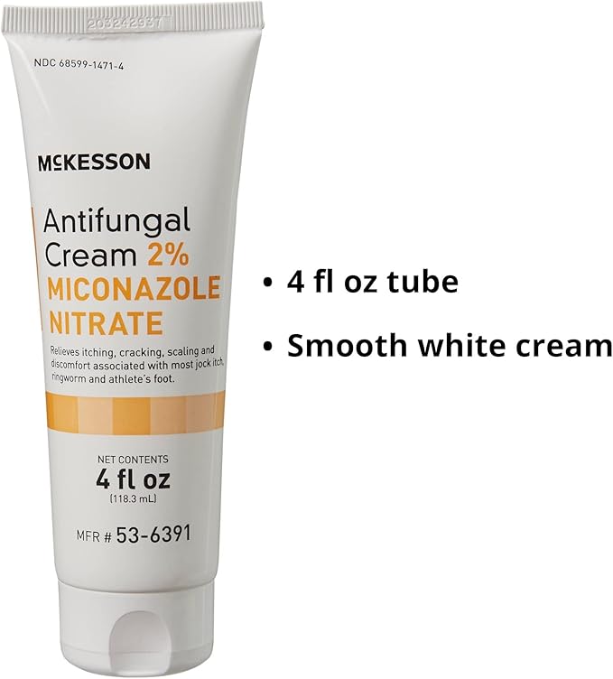 McKesson Antifungal Cream, 2% Miconazole Nitrate - Relieves Itching, Burning, Cracking from Jock Itch, Ringworm and Athlete Foot - 4 oz., 12 Count