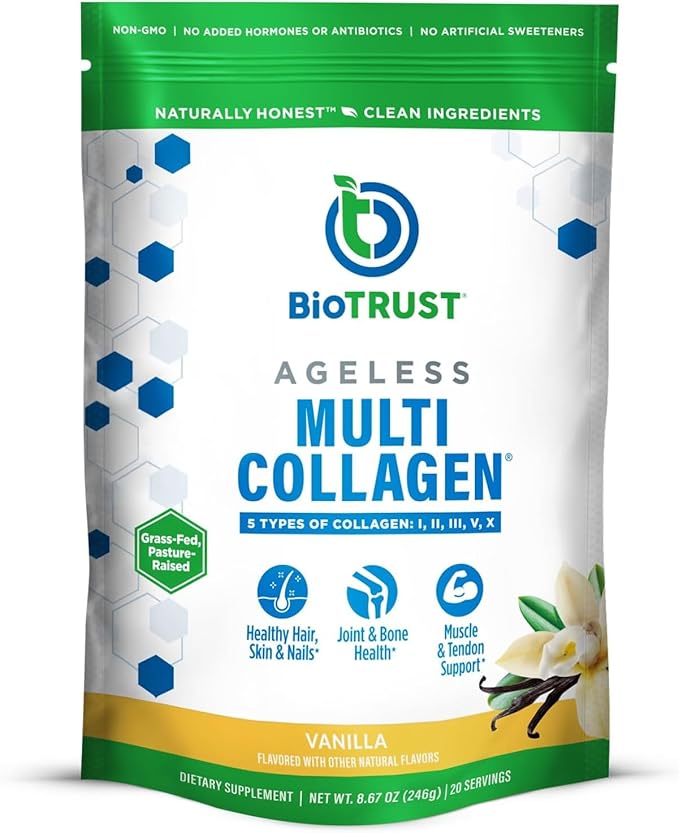 BioTrust Ageless Multi Collagen Peptides Powder – 5 Types (I, II, III, V, X) – Vanilla Collagen Powder for Women & Men – Hydrolyzed Protein – Grass Fed Beef, Fish, Chicken, Eggshell Membrane