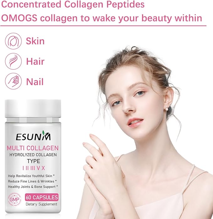 ESUNM Multi Collagen Capsules for Women & Men - Type I, II, III, V, X - Hydrolyzed Collagen Supplements with Biotin, Vitamin C for Hair, Skin, Nail & Joint Support, 60 Capsules,30 Servings