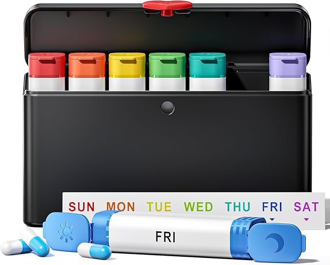 Odaro Weekly Pill Organizer 2 Times a Day, Large Pill Box 7 Day, Daily Twice Am Pm Medicine Organizer, Travel Contaniner for Medicine, Vitamin and Supplement, Black