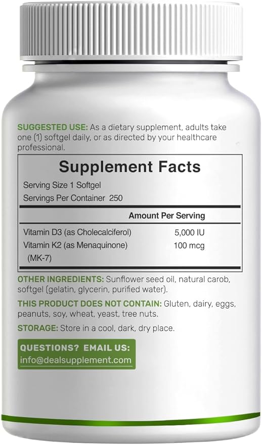 DEAL SUPPLEMENT Vitamin D3 5,000 IU + K2 MK7 Softgels, 250 Count | 2-in-1 Complex | Easy to Swallow