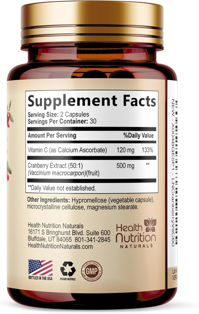 Cranberry Extract 500mg Per Serving - Cranberry Powder Supplement with Vitamins C - Urinary Tract Health Support, Cran Berry Fruit, Sugar Free Formula, Bottled in USA - 60 Capsules