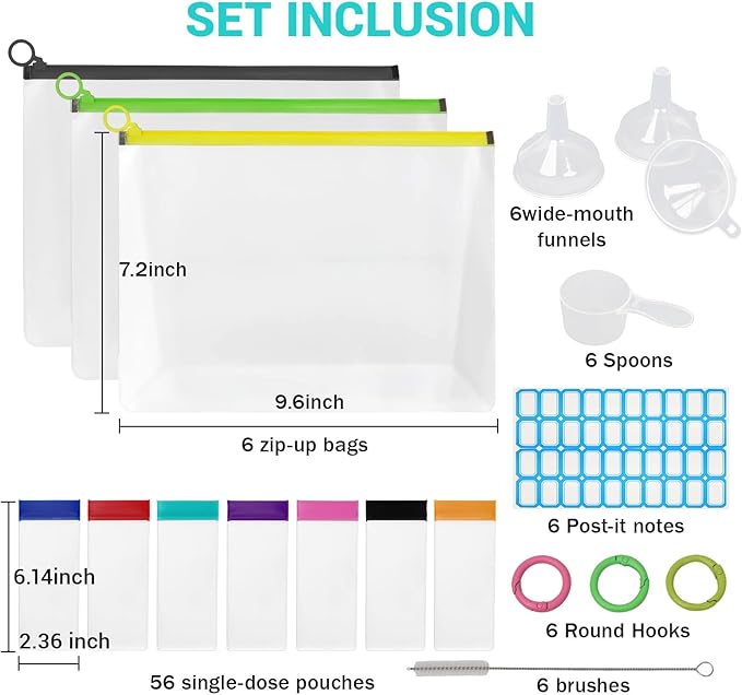 92 Pcs Travel Protein Powder Containers, Reusable Protein Powder Container To Go Includes 56 Single-Dose Bags and 6 Large Zip Bags for Workout, Fitness, Travel