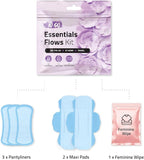 Essential Flows Kit with 3 Pantiliners, 2 Maxi Pads & 1 Feminine Wipe – Light Daily Period Care for Women & Girls – Travel Hygiene Pack (Purple) (10)