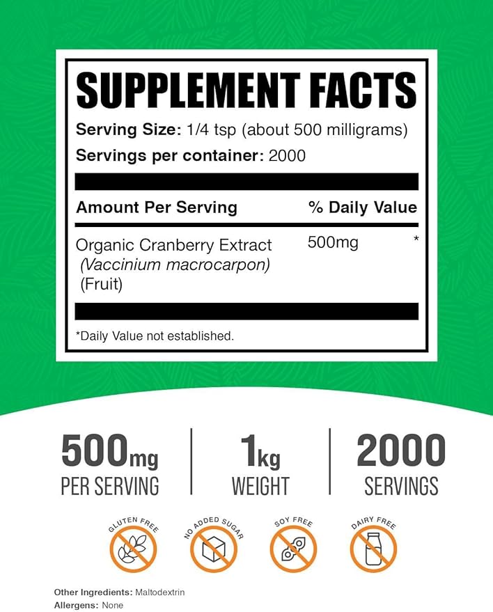 BulkSupplements.com Cranberry Extract Powder - Cranberry Flavoring Powder, Sourced from Vaccinium Macrocarpon Fruit - Vegan & Gluten Free, 500mg per Serving, 1kg (2.2 lbs) (Pack of 1)