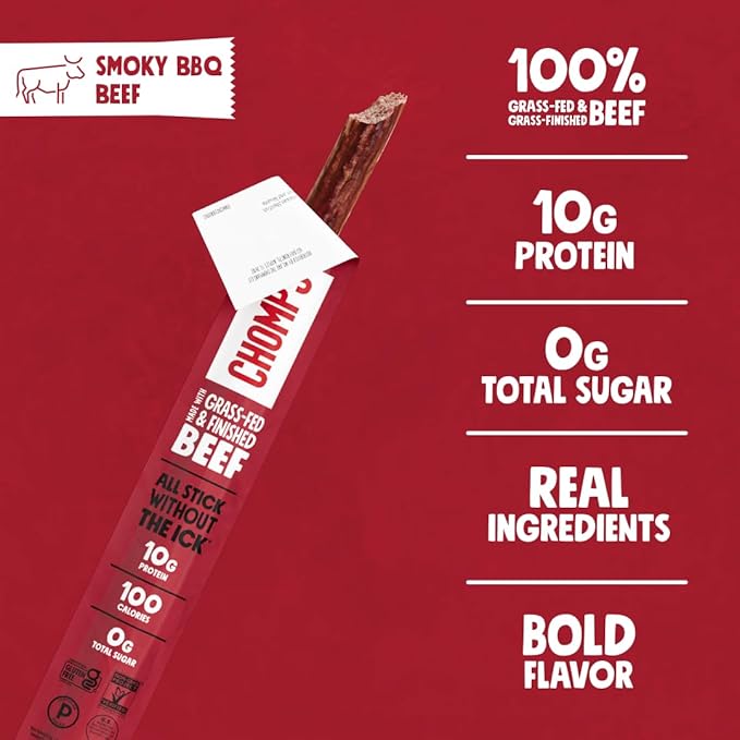 Chomps Grass-Fed and Finished Smoky BBQ Seasoned Beef Jerky Snack Sticks 24-Pack - Keto, Paleo, Whole30, 10g Lean Meat Protein, Gluten-Free, Zero Sugar Food, Non-GMO
