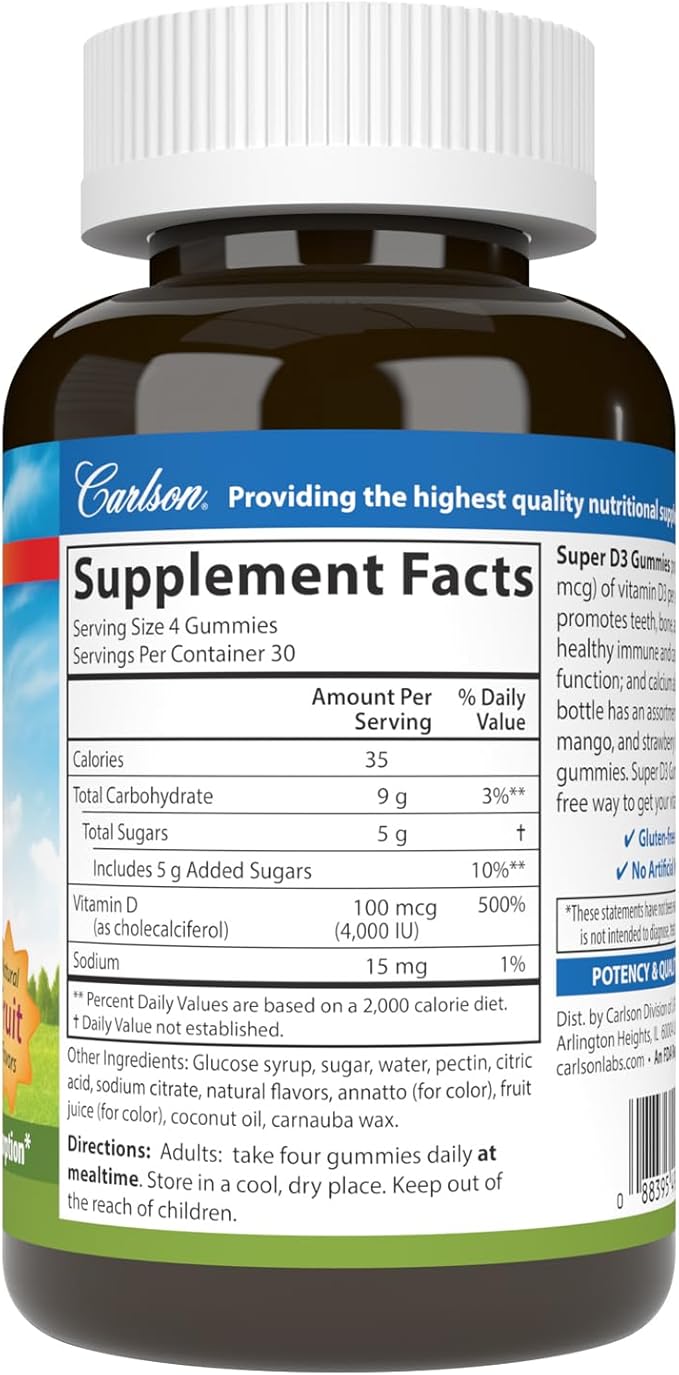Carlson - Super D3 Gummies 4,000 IU (100 mcg), Bone Health, Immune Support & Calcium Absorption, Natural Fruit Flavors, 120 Vegetarian Gummies