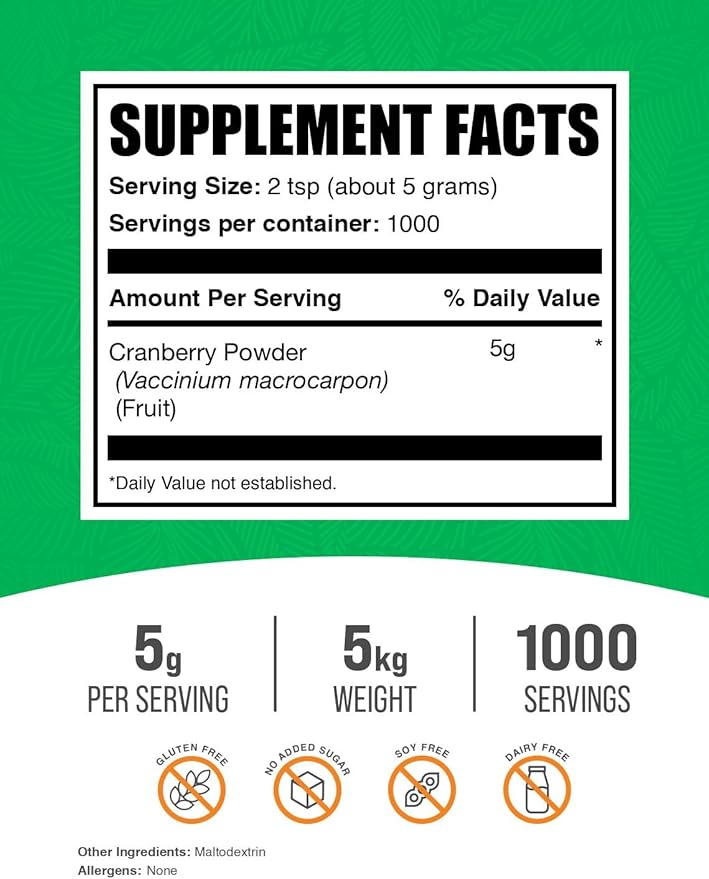 BulkSupplements.com Cranberry Powder - Cranberry Supplements for Women & Men, Dried Cranberries Unsweetened - Gluten Free & Sugar Free, 5g per Serving, 1kg (2.2 Pound) (Pack of 1)