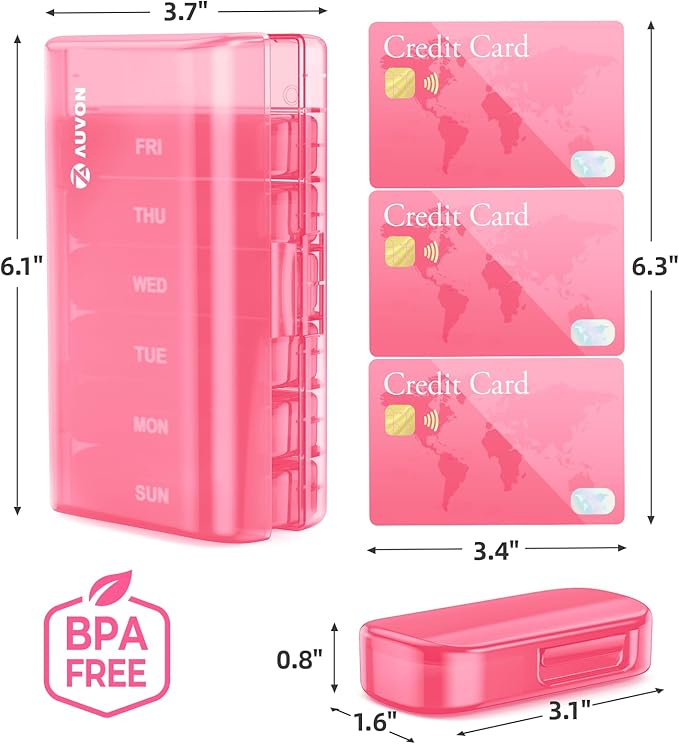 AUVON 7-Pack Large Weekly Pill Organizer with Dual Protection, Flexible Pill Box 7 Days for Purse, Pocket, Compact Pill Case for Travel, Pill Container for Vitamins, Fish Oils, Supplements