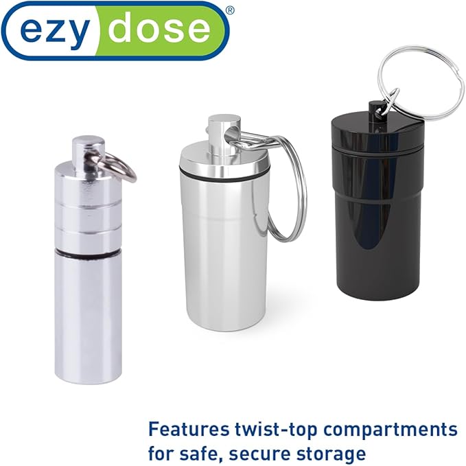 EZY DOSE Keychain Pill Case, Medicine Planner, Vitamin Organizer Box, Daily Planner, Safe for Money & Travel Items, Stainless Steel, Small, Color May Vary, BPA Free