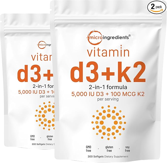 Micro Ingredients Vitamin D3 5,000 IU + K2 MK-7 100 mcg, 2 Pack (600 Softgels) | Liquid-Filled with Sunflower Oil | 2-in-1 Vitamins D & K Complex | Extra Strength, Easy to Swallow, Non-GMO, No Gluten