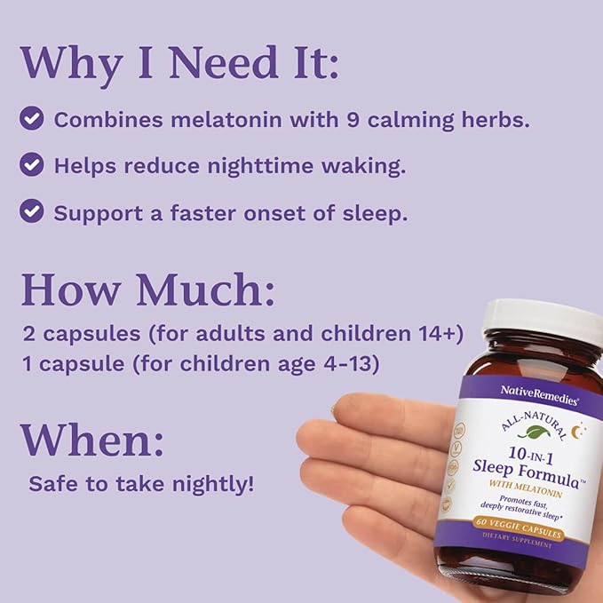 Native Remedies 10-in-1 Natural Sleep Aid for Adults & Kids 4+ – Herbal Sleep Supplement with Melatonin 5mg, Magnesium, Valerian Root, Chamomile & L-Tryptophan – Non-Habit Forming, Vegan, 60 Capsules