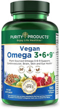 Purity Products Vegan Omega 3 6 9 Formula - “5 in 1” Essential Fatty Acid Complex - Scientifically Formulated Plant-Based Vegan Omega 3-6-9 Essential Fatty Acids (EFA) - 3 Month Supply - 180 Softgels