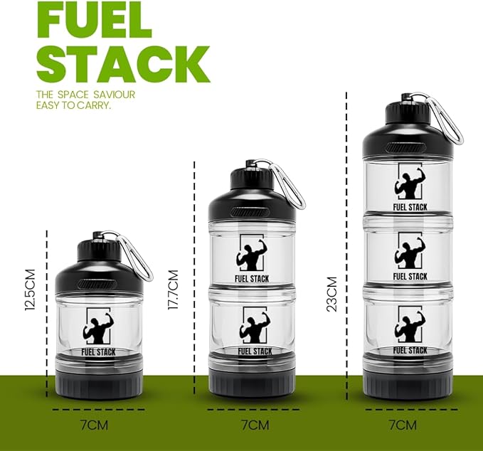 FuelStack Portable Protein Powder Container – Stackable Supplement Storage with Pill Organizer for Gym & Travel (Black)