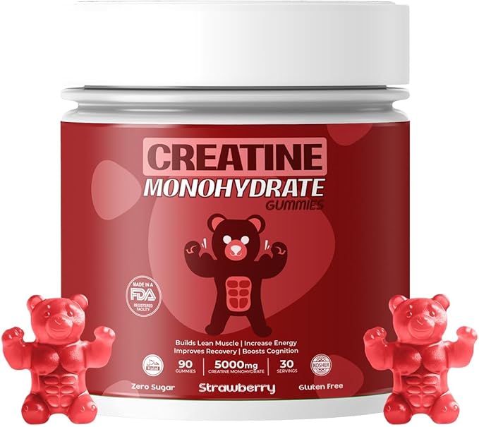 Creatine Monohydrate Gummies for Men & Women | 5000mg of Creatine Gummies per Serving | Sugar, Gluten Free & Halal | Pack of 90 for Pre Workout & Muscle Recovery | Strawberry Flavor