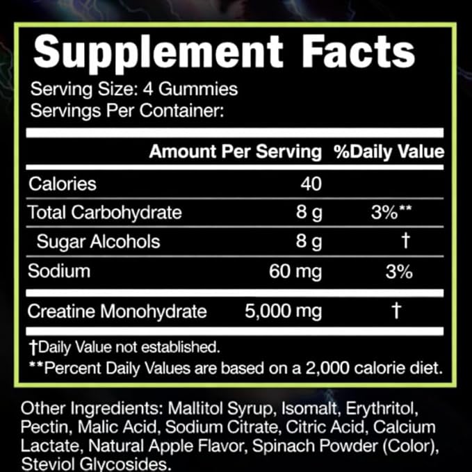 Sugar Free Creatine Monohydrate Gummies – 5g Creatine Per Serving, Sour Green Apple Flavor, Vegan, Low-Calorie, No Artificial Colors, Made in USA (120 Gummies)