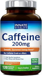 Innate Vitality Caffeine, 200 mg Caffeine Pill for Men & Women, No Crash or Jitters, Non GMO, No Gluten, Boost Energy Levels & Mental Focus, 120 Vegan Capsules