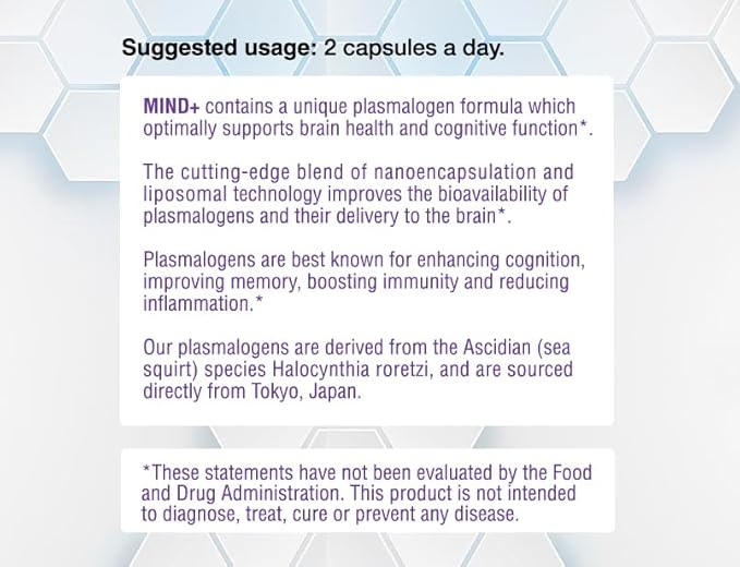 Mind+ Plasmalogen Brain Supplement Liposomal & Nanoencapsulated Formula for Better Absorption Sea Squirt Sourced Directly from Japan - Cognitive Health & High Potency - 60 Capsules