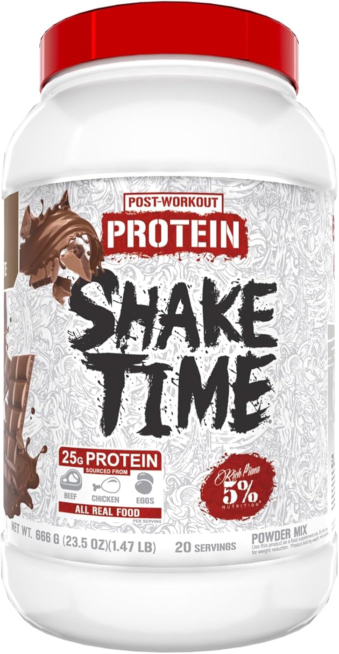 5% Nutrition Rich Piana Shake Time | 24g Animal Based Protein Drink | Grass-Fed Beef Isolate, Chicken, Egg | No Sugar or Soy (Chocolate)