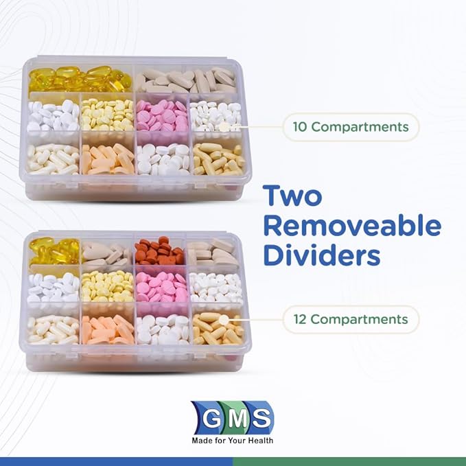 GMS 12 Compartment Vitamin Pill Organizer - Large Size Suitable for Multiple Supplements & Tablets - Safe, Secure Design with Easy Locking Lid - Medicine Cabinet Organizer & Ideal for Travel