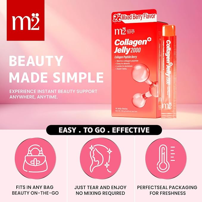 m2 Jelly Super Korean Collagen Jellies Stick – Korean Collagen Sticks Supplement for Women, Cutting Gel Style, Beauty & Wellness Support, Jelly Daily Boost Stick Pouches Berry Flavor(10 Count)