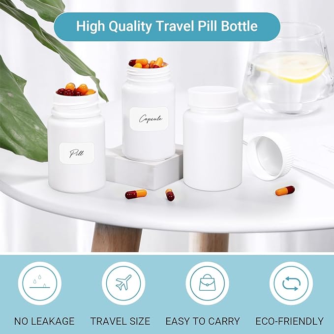 White Pill Bottle, Empty Medicine Bottles with Screw Caps for Pills Capsules Vitamins, Food Grade Plastic Medicine Containers with Labels for Travel (1.7oz/50ml, 4 Pcs)