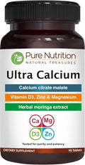 Pure Nutrition Ultra Calcium 1000mg with VIT D3 + K2 | 90 Tab | Calcium Supplement with Calcium Citrate Malate, VIT D3, K2, Moringa Oleifera, Magnesium and Zinc.