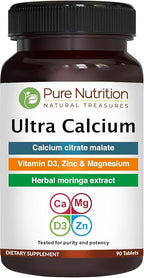 Pure Nutrition Ultra Calcium 1000mg with VIT D3 + K2 | 90 Tab | Calcium Supplement with Calcium Citrate Malate, VIT D3, K2, Moringa Oleifera, Magnesium and Zinc.