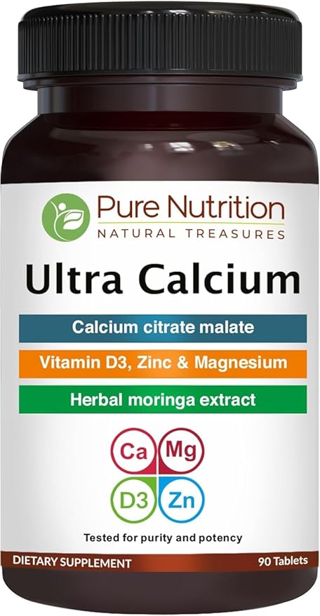 Pure Nutrition Ultra Calcium 1000mg with VIT D3 + K2 | 90 Tab | Calcium Supplement with Calcium Citrate Malate, VIT D3, K2, Moringa Oleifera, Magnesium and Zinc.