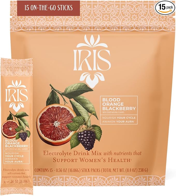 Iris Women’s Hormonal Health Daily Electrolyte Drink Mix | High Fiber, Essential B Vitamins for Mood Support | 40:1 Myo & D‑Chiro Inositol | Blood Orange BlackBerry, 15 Hydration Powder Packets